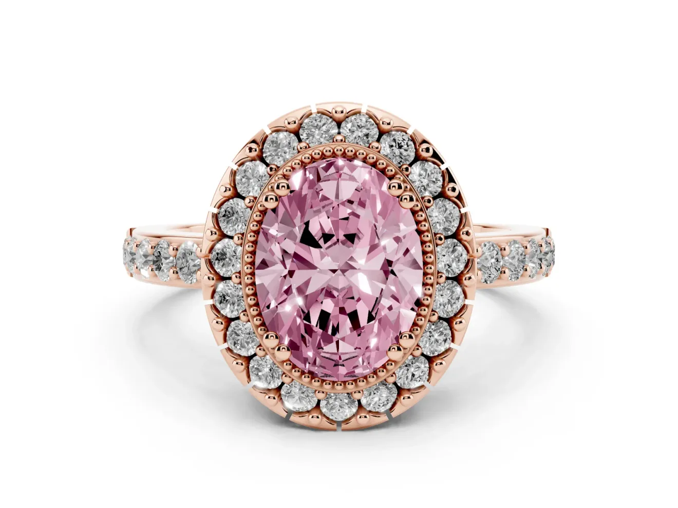 Oval Vintage Milgrain Halo Engagement Ring Setting for a Fancy Pink Lab-Grown Diamond | Pierced Gallery | Rose Gold