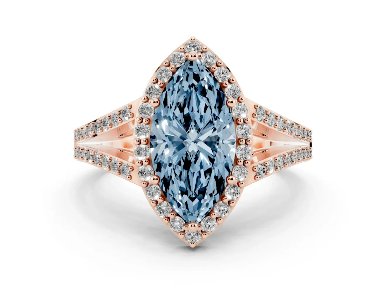 Marquise Split Shank Halo Engagement Ring Setting for a Fancy Blue Lab-Grown Diamond | Rose Gold