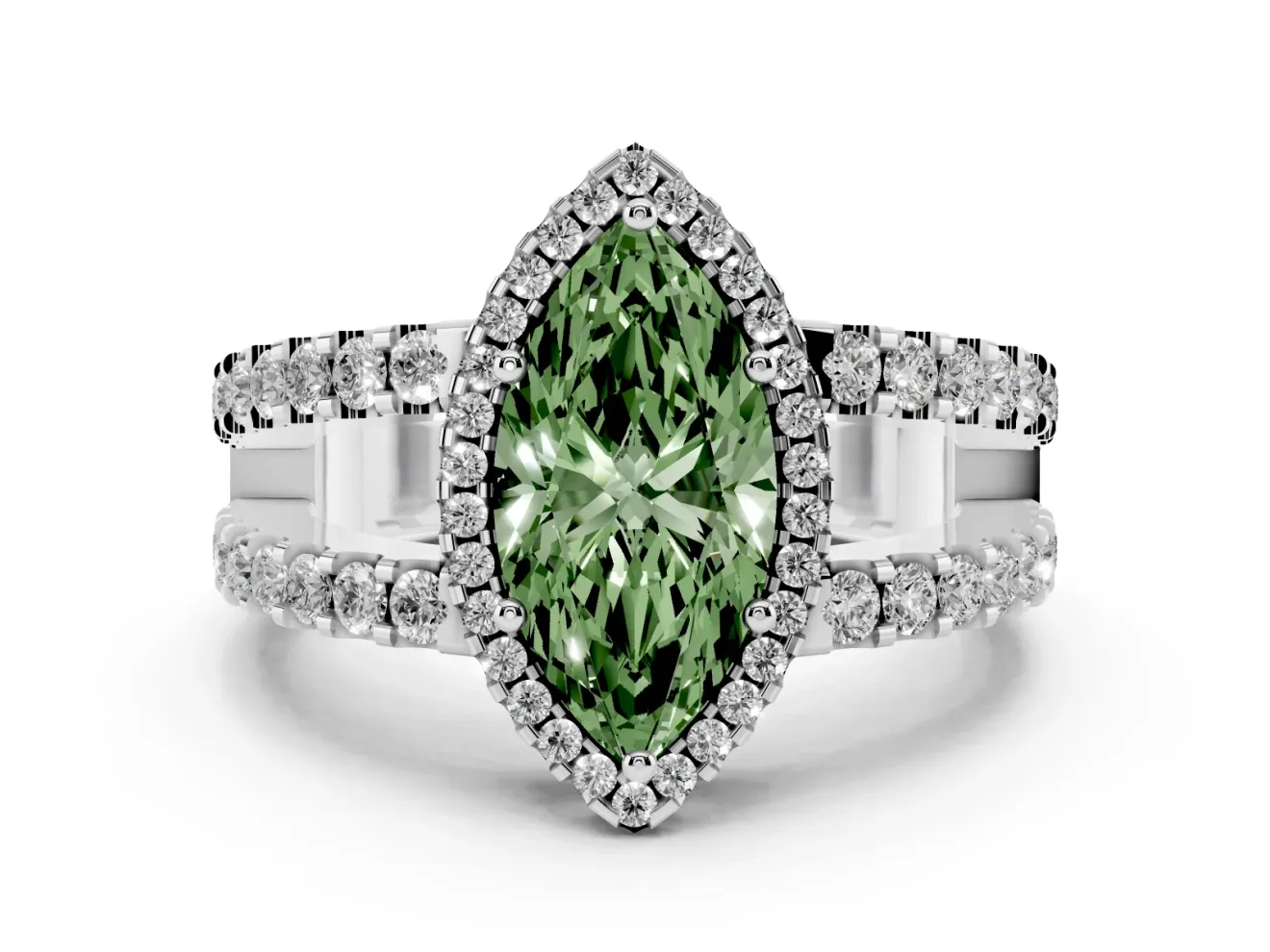 Fancy Green Marquise Cut Diamond Halo Ring Set in Silver with Pavé Split Shank and Prong Setting