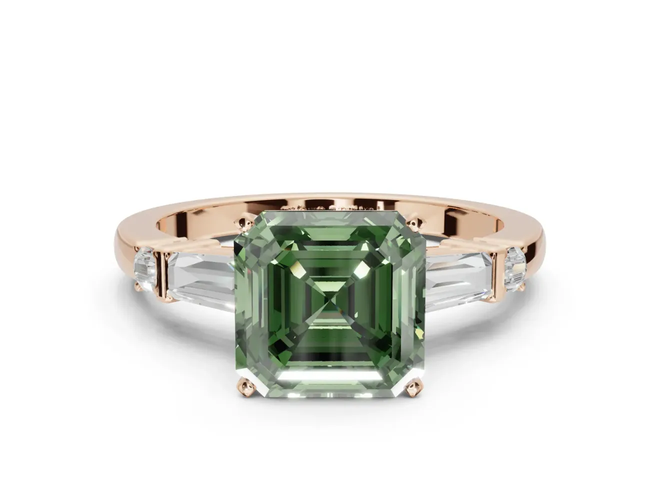 Asscher Cut Tapered Baguette Engagement Ring Setting for a Fancy Green Lab-Grown Diamond | Rose Gold