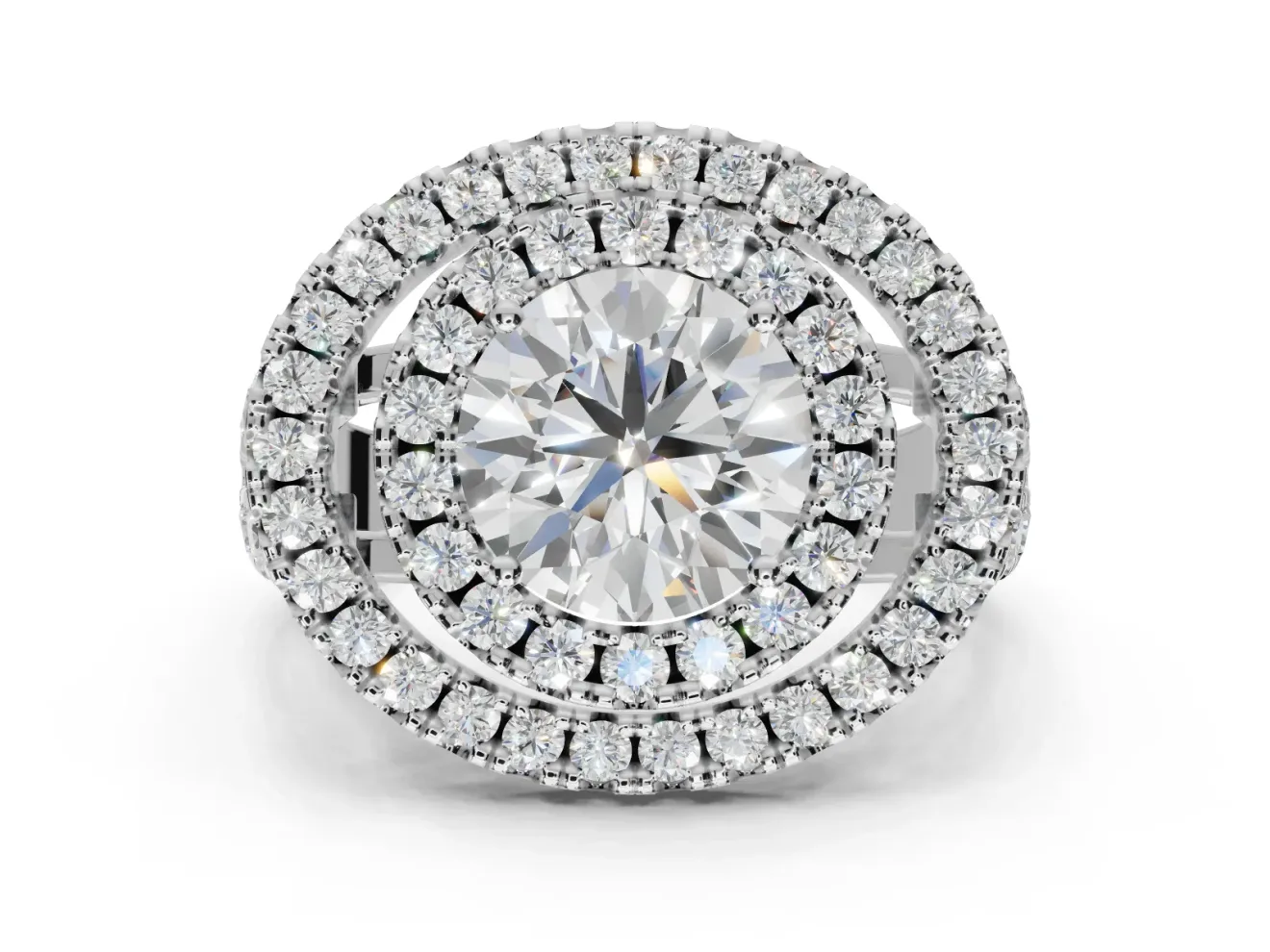 Round Double Halo Split Shank Engagement Ring Setting | Multi-Row Pavé | White Gold