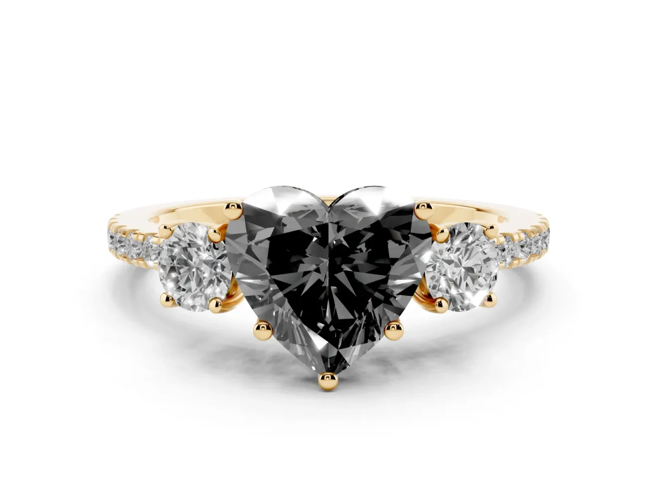 Fancy Black Heart Cut Diamond Three-Stone Ring Set in Yellow gold with Pavé Band and Graduated Sides