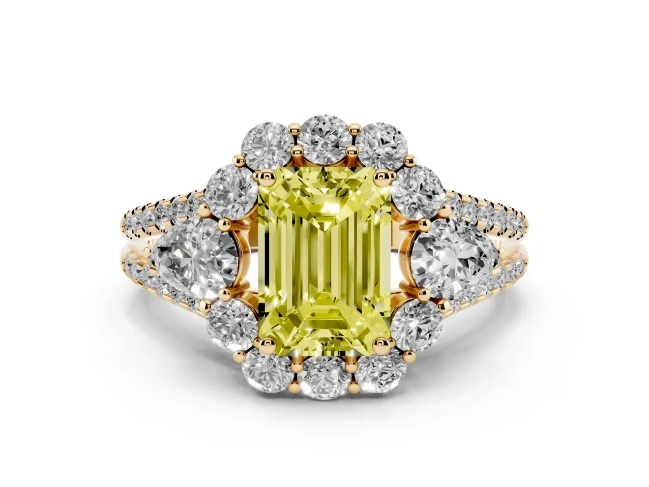 Emerald Cut Scalloped Halo Engagement Ring Setting for a Fancy Yellow Lab-Grown Diamond | Pear Side Stones | Yellow Gold