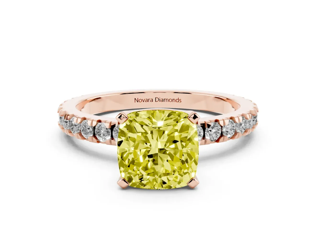 Fancy Yellow Cushion Cut Diamond Pavé Band Solitaire Set in Rose gold with Prong Setting