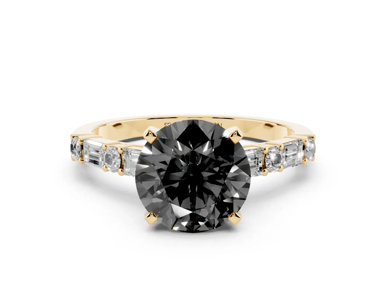 Round Baguette Side Stone Engagement Ring Setting for a Black Center | Yellow Gold