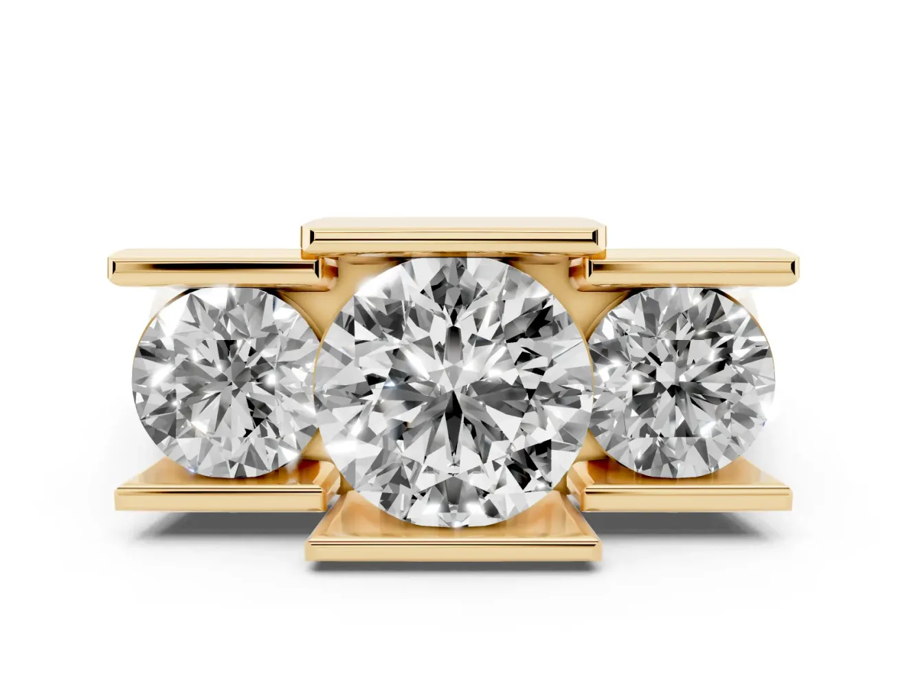 Round Cut Diamond Three-Stone Channel Set Ring Set in Yellow gold with Smooth Polished Band
