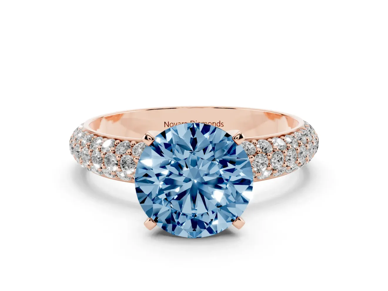 Fancy Blue Round Cut Diamond Solitaire Ring Set in Rose gold with Prong Setting and Pavé-Set Band