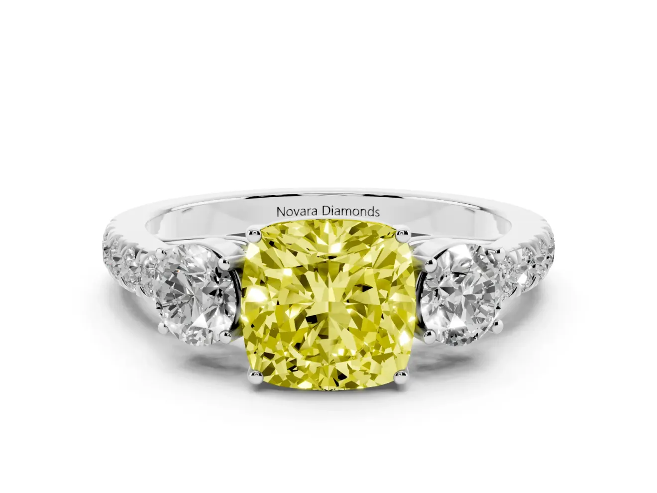 Fancy Yellow Cushion Cut Diamond Three-Stone Ring Set in Silver with Round Side Stones and Delicate Pavé Band