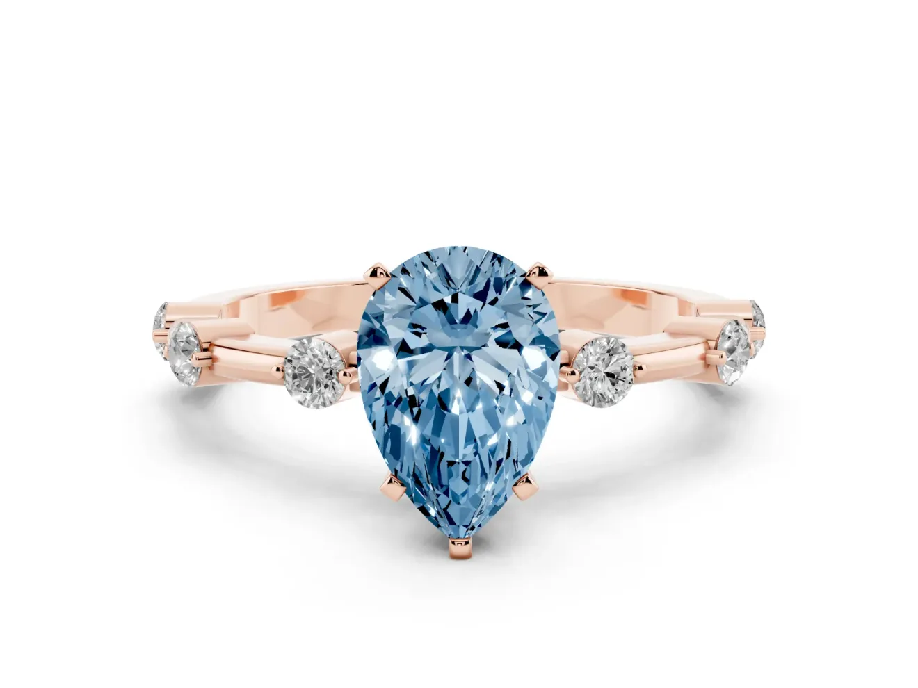 Fancy Blue Pear Cut Diamond Solitaire Ring Set in Rose gold with Bezel Set Side Stones and Prong Setting