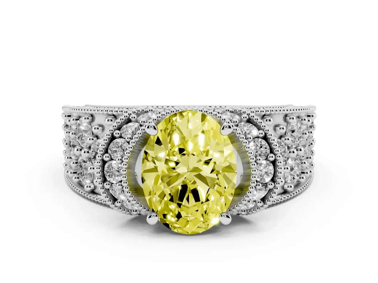 Oval Vintage Milgrain Pave Engagement Ring Setting for a Fancy Yellow Lab-Grown Diamond | Crescent Side Rows | Platinum
