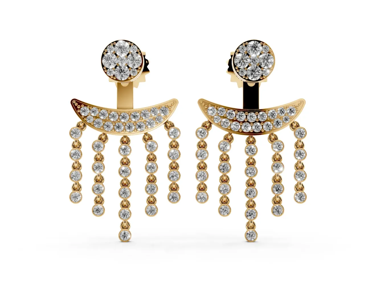 Round Lab-Grown Diamond Cluster Chandelier Drop Earrings | Five Strands | Yellow Gold