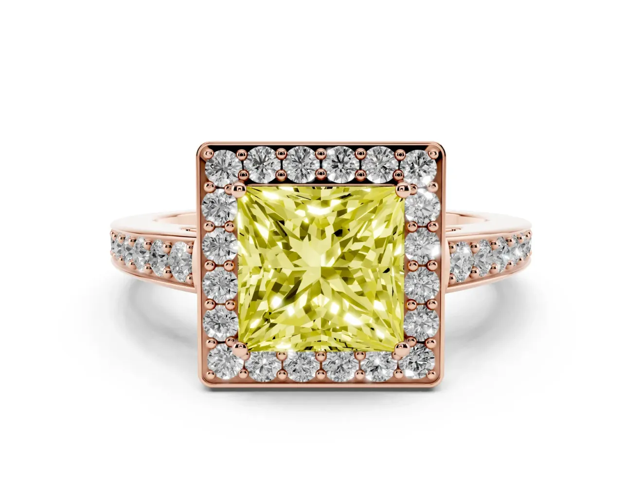 Fancy Yellow Princess Cut Diamond Halo Pavé Engagement Ring Set in Rose gold with Bezel Setting