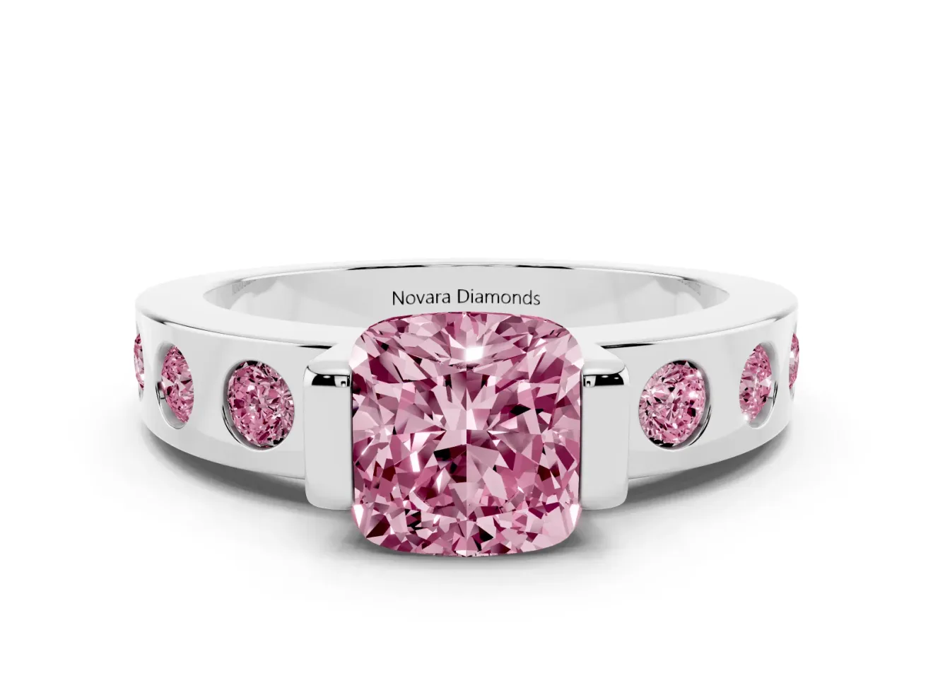 Fancy Pink Cushion Cut Diamond Channel-Set Band Ring Set in Silver with Bezel Prong Setting