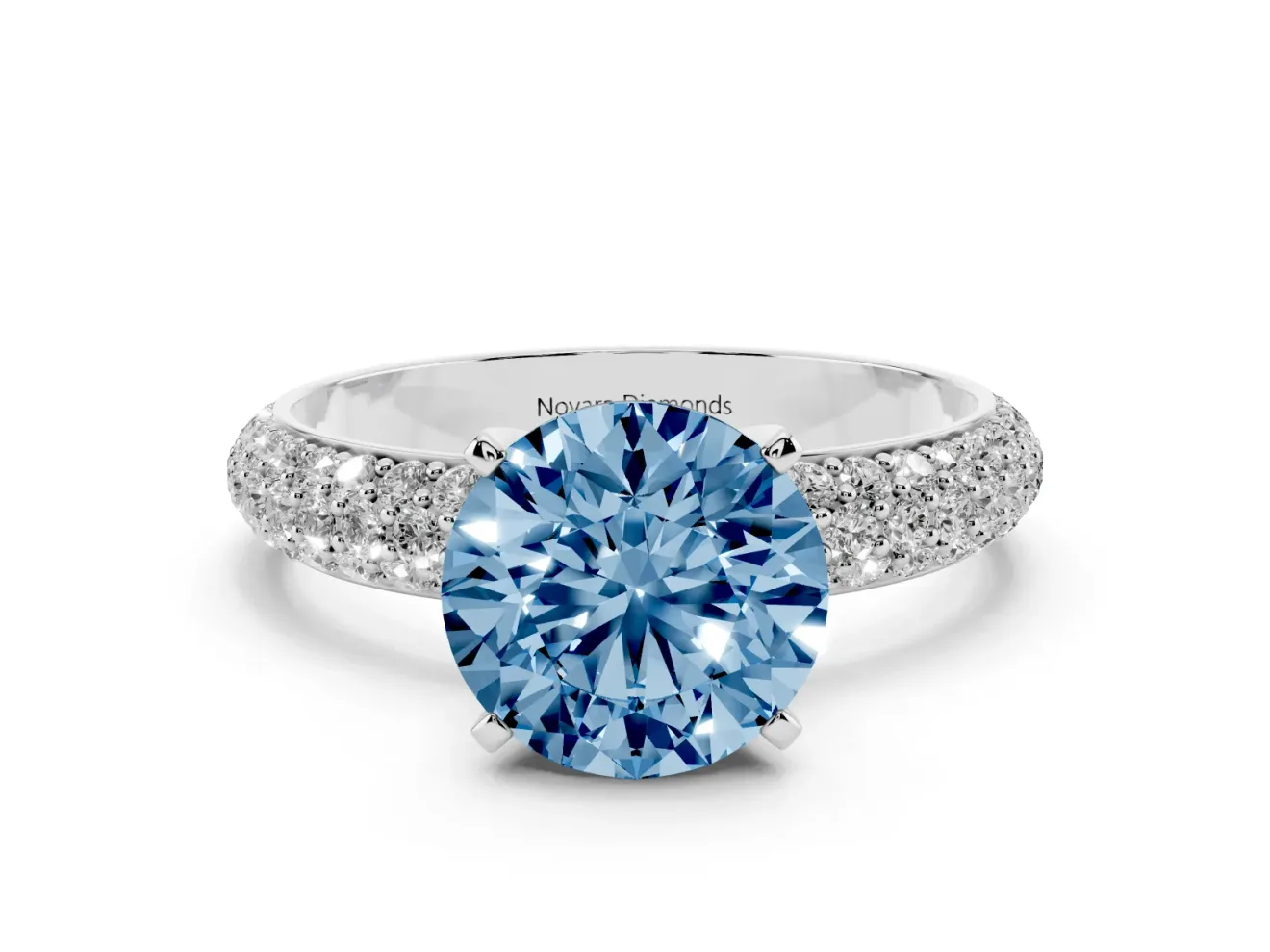 Fancy Blue Round Cut Diamond Solitaire Ring Set in Platinum with Prong Setting and Pavé-Set Band