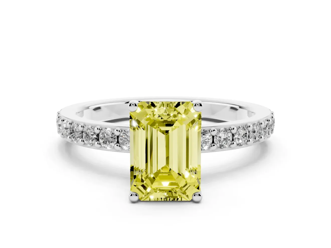 Fancy Yellow Emerald Cut Diamond Solitaire Set in White gold with Round Pavé Band and Prong Setting