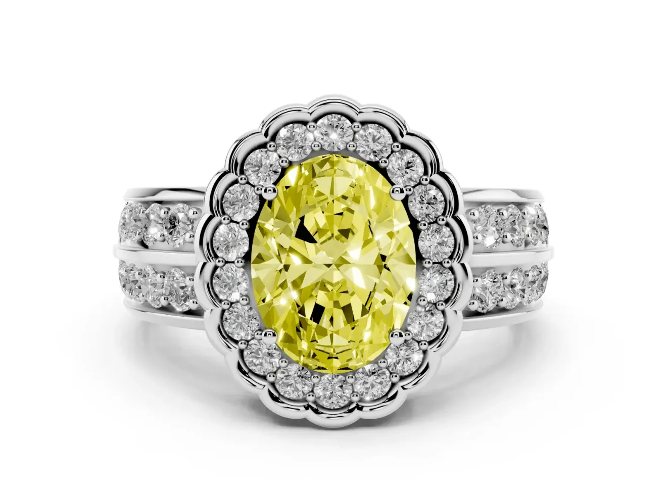Fancy Yellow Oval Cut Diamond Scalloped Halo Ring Set in Platinum with Pavé Split Shank