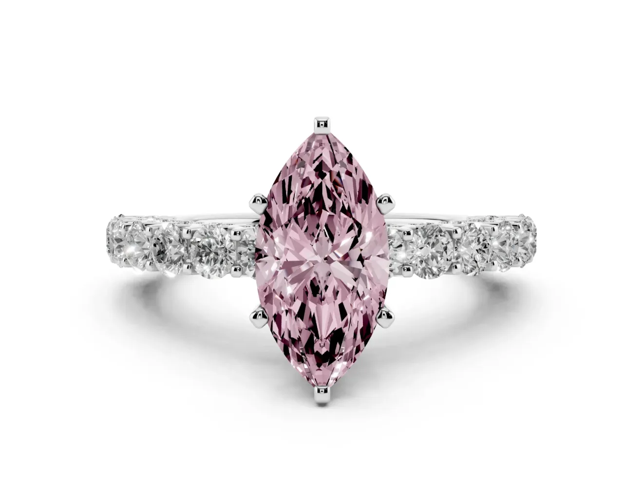 Fancy Pink Marquise Cut Diamond Solitaire Ring Set in White gold with Shared Prong Pavé Band