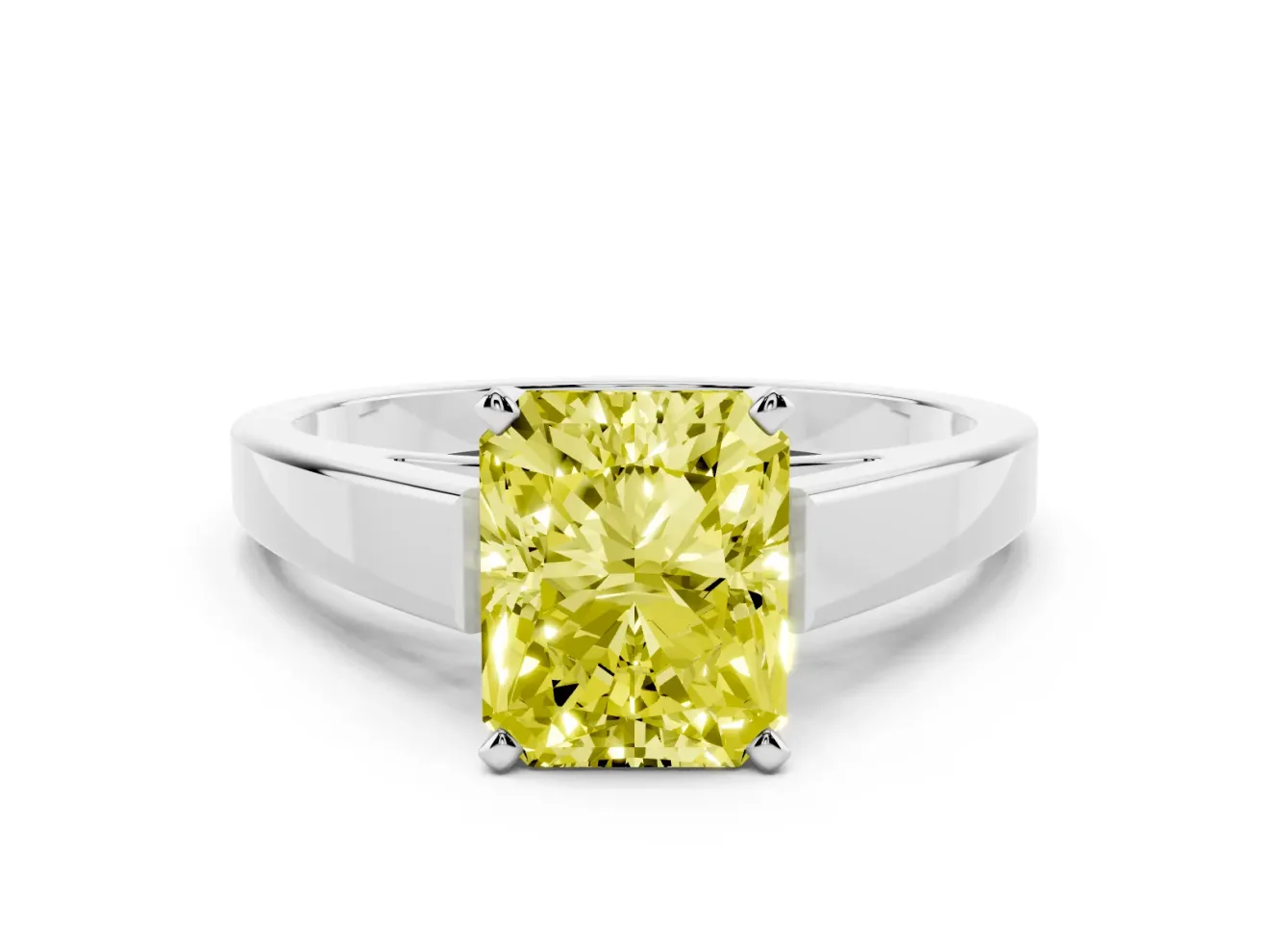 Fancy Yellow Radiant Cut Diamond Solitaire Engagement Ring Set in Silver with Prong Setting and Tapered Band