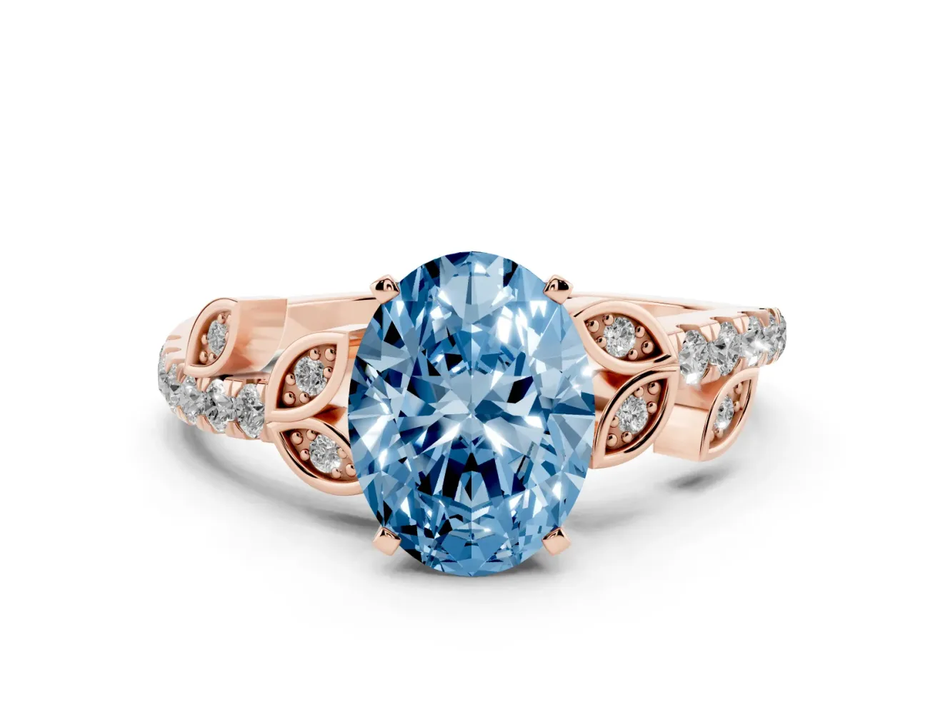 Fancy Blue Oval Cut Diamond Solitaire Leaf-Inspired Ring Set in Rose gold with Pavé Band and Prong Setting