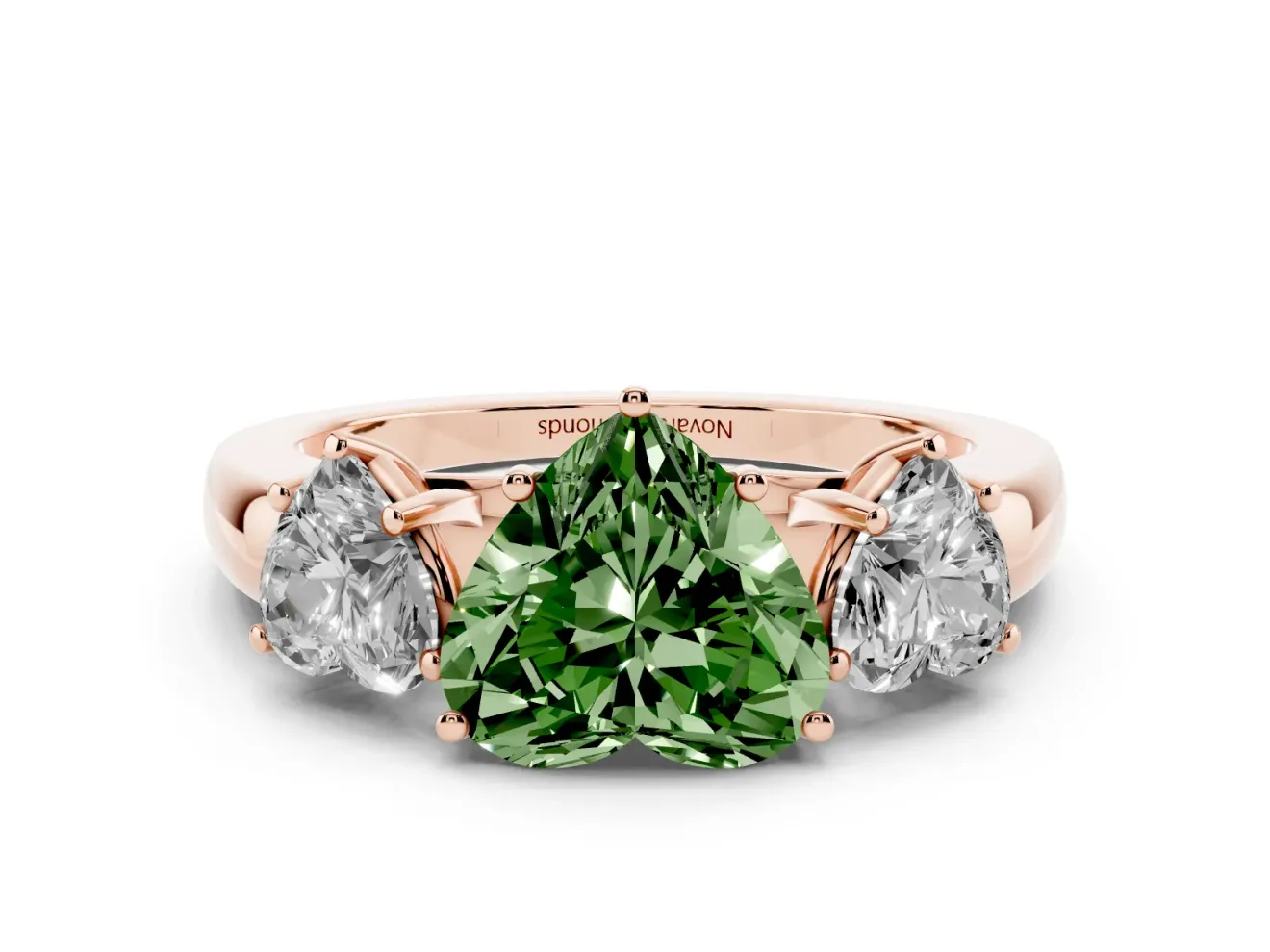Fancy Green Heart Cut Diamond Three-Stone Ring Set in Rose gold with Bold Center and Classic Band