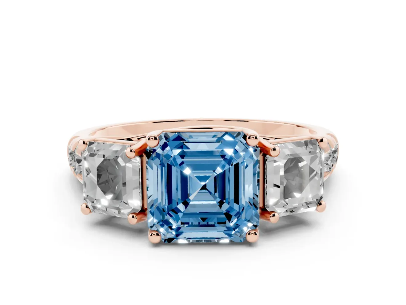 Asscher Cut Three Stone Engagement Ring Setting for a Fancy Blue Lab-Grown Diamond | Accented Shoulders | Rose Gold