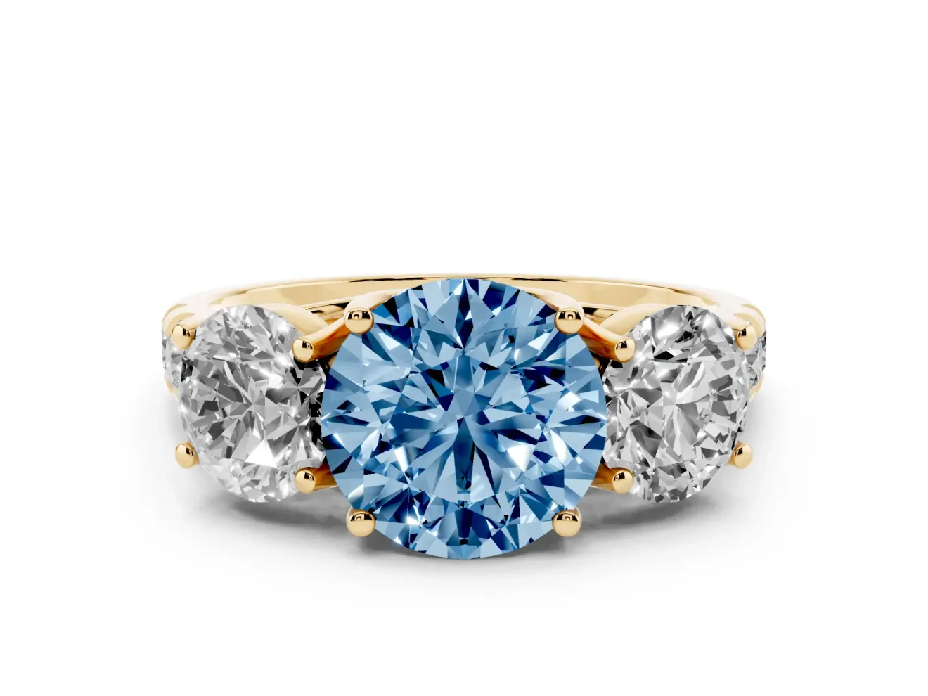 Round Three Stone Engagement Ring Setting for a Fancy Blue Lab-Grown Diamond | Accented Shoulders | Yellow Gold