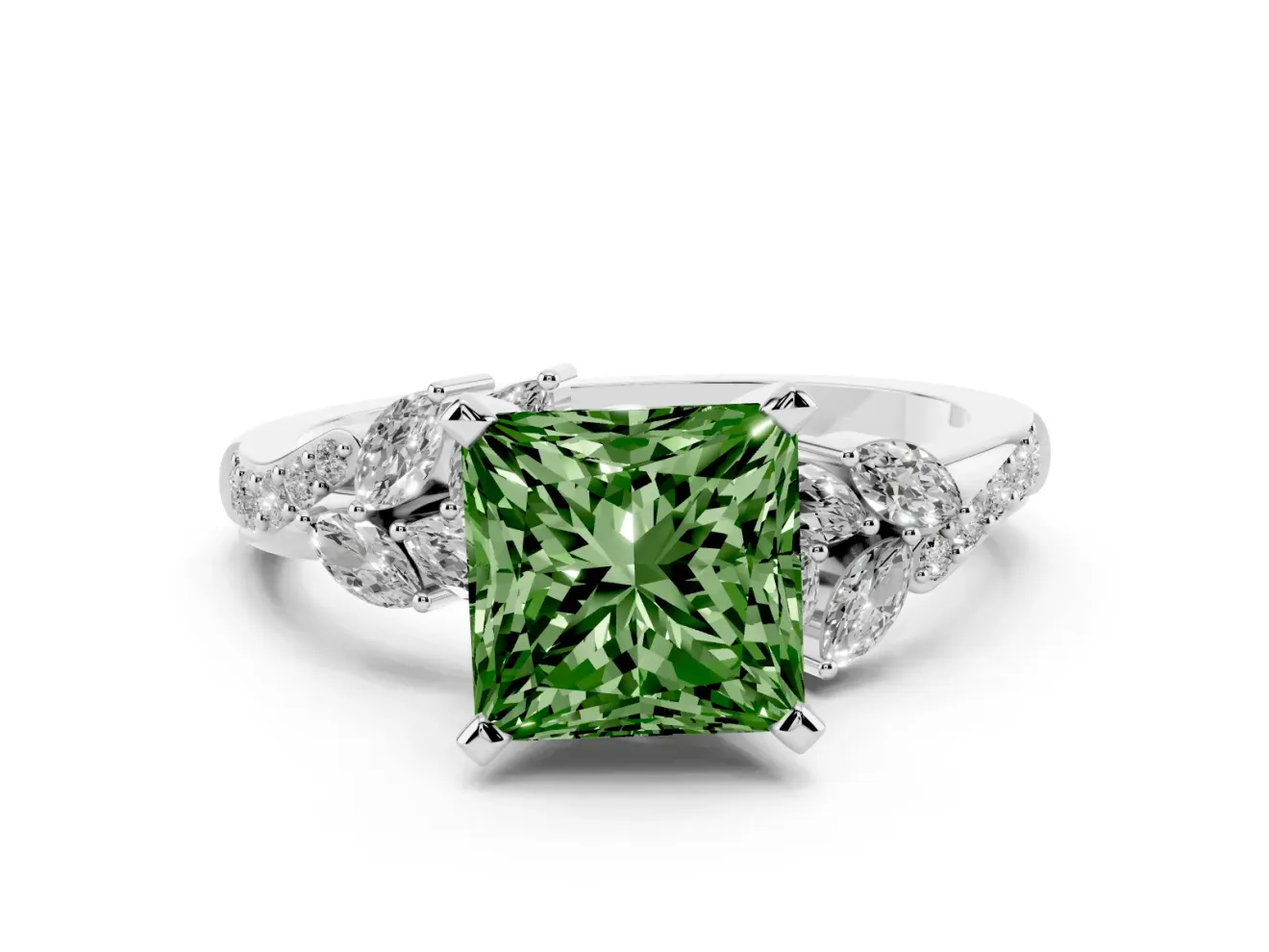 Fancy Green Princess Cut Diamond Solitaire Ring Set in Platinum with Marquise Twist Band and Prong Setting