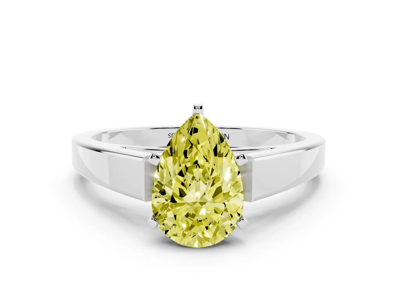 Fancy Yellow Pear Cut Diamond Solitaire Engagement Ring Set in Silver with Prong Setting and Tapered Band