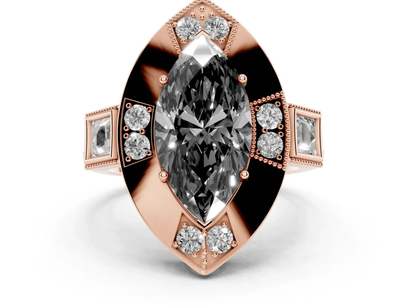 Fancy Black Marquise Cut Diamond Milgrain Halo Ring Set in Rose gold with Split Shank