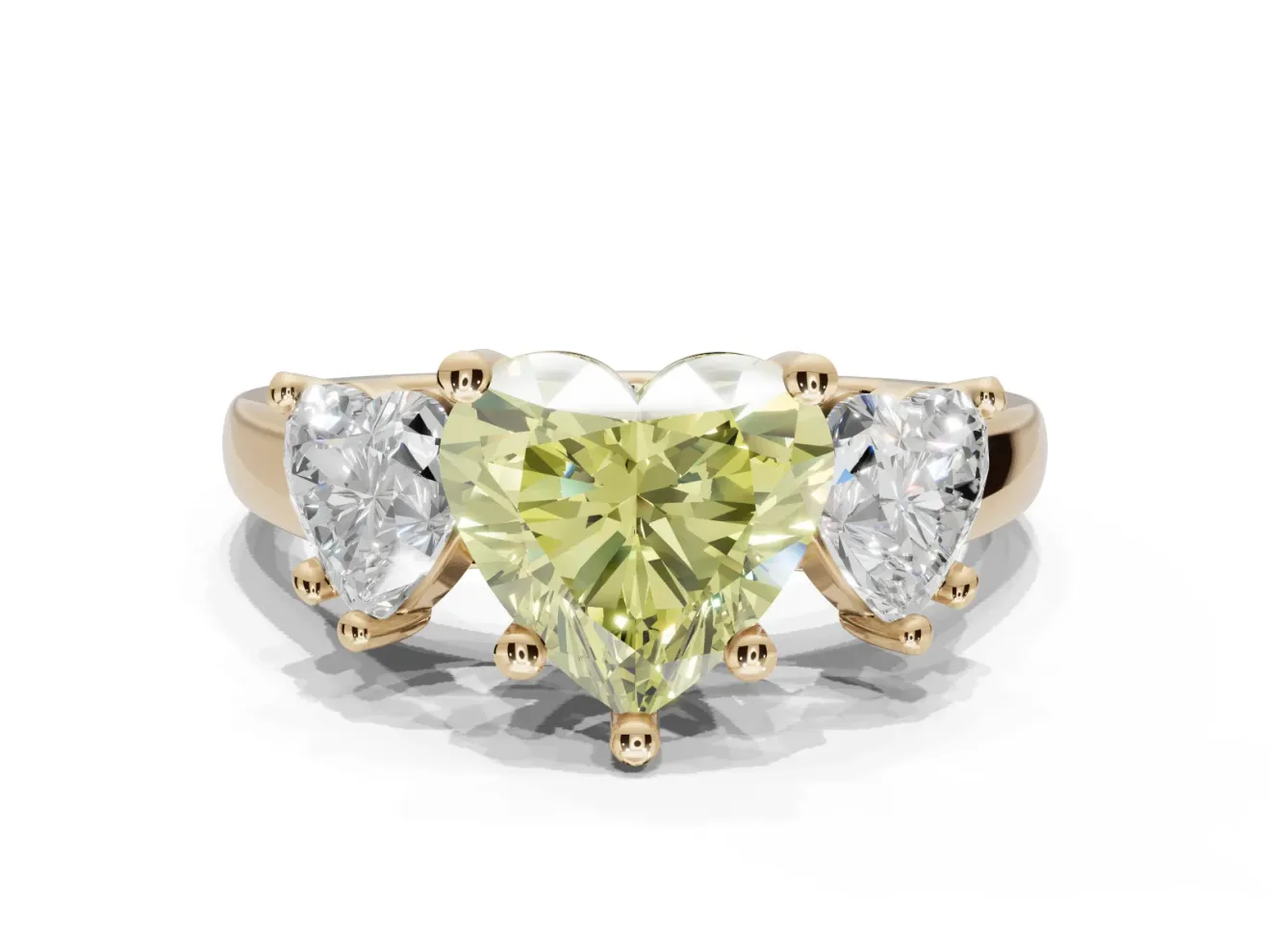 Heart-Shaped Three Stone Engagement Ring Setting for a Fancy Yellow Lab-Grown Diamond | Tapered Band | Yellow Gold