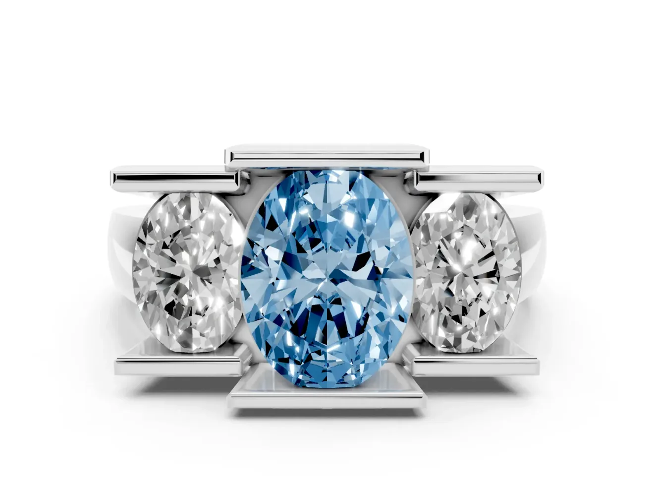 Fancy Blue Oval Cut Diamond Three-Stone Channel Set Ring Set in White gold with Smooth Polished Band