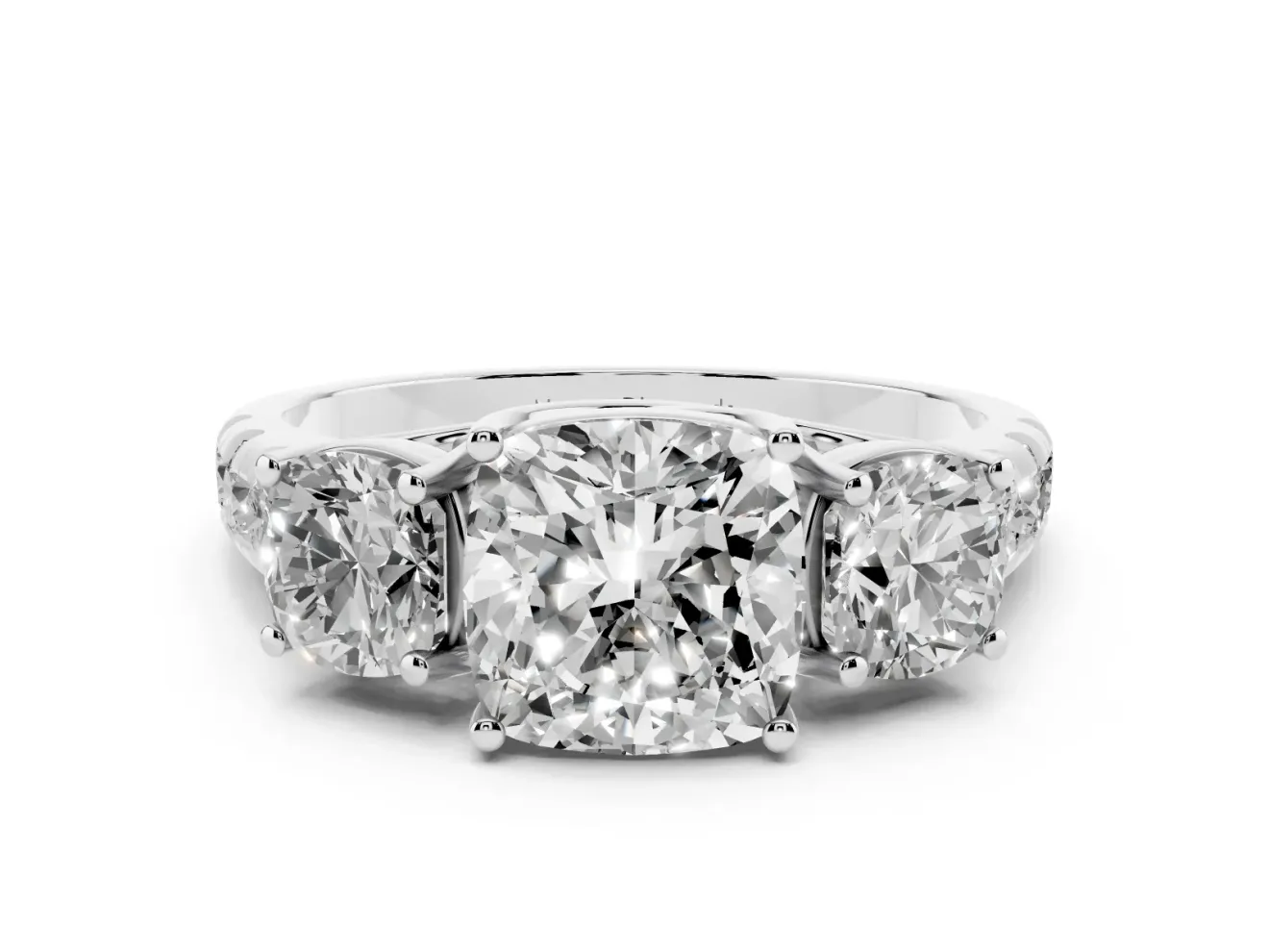 Cushion Cut Three Stone Engagement Ring Setting | Accented Shoulders | Platinum