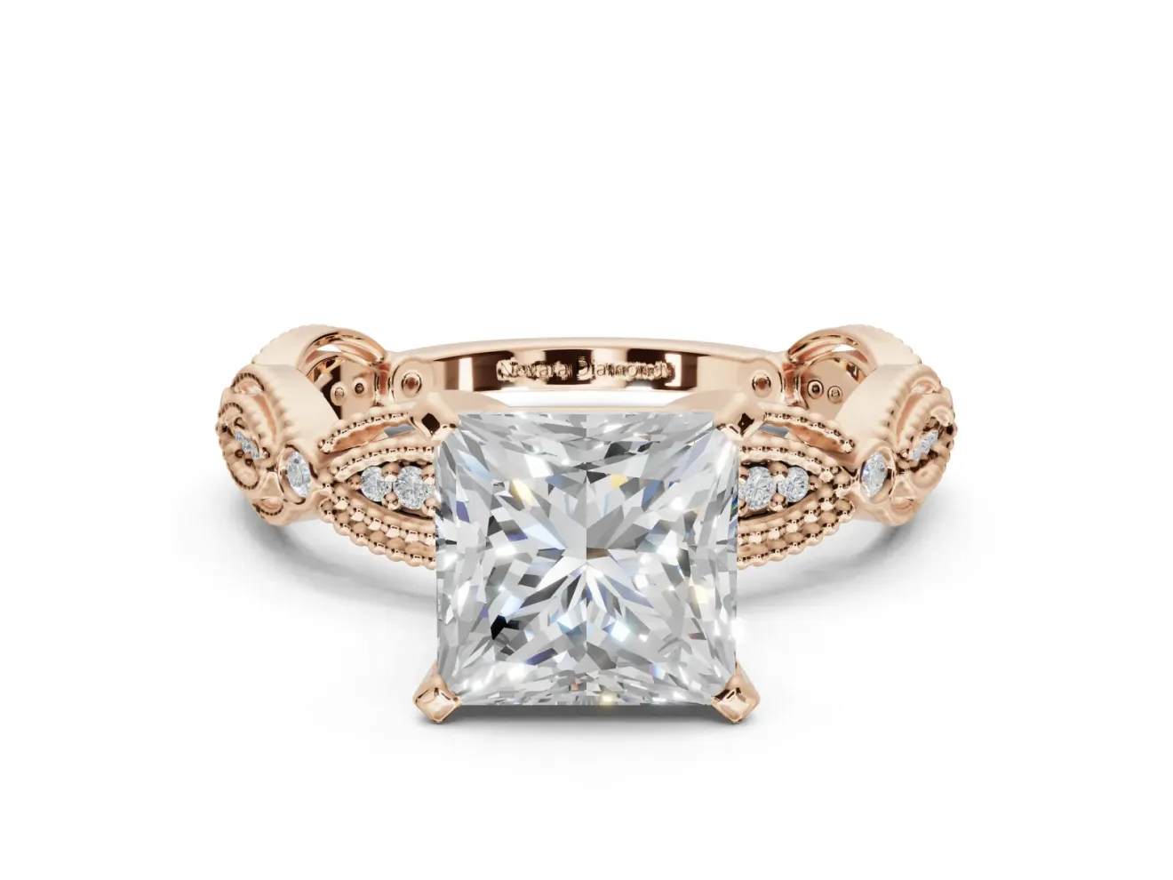 Princess Cut Vintage Milgrain Engagement Ring Setting | Graduated Stations | Rose Gold