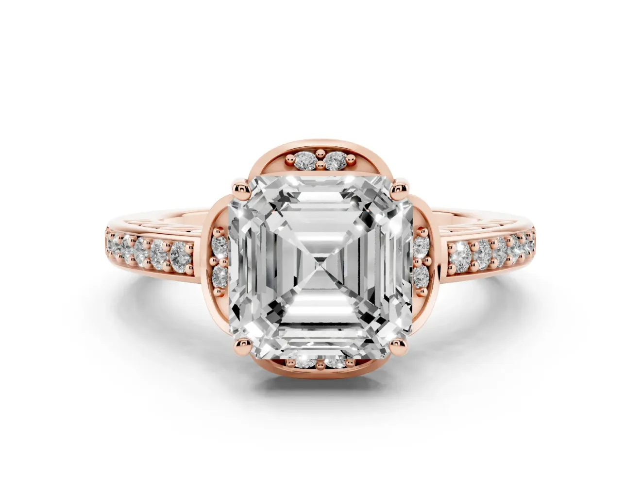 Asscher Cut Floral Pavé Engagement Ring Setting | Petal Accents | Rose Gold