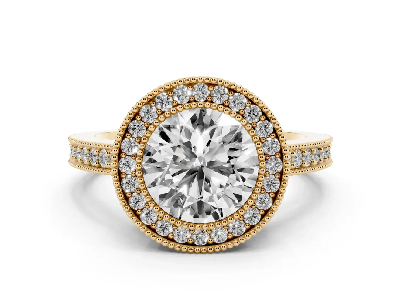 Round Cut Diamond Halo Engagement Ring Set in Yellow gold with Pavé Band and Round Halo Stones