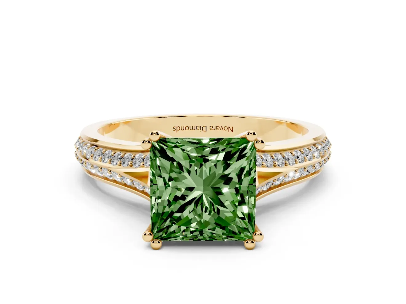 Princess Cut Split Shank Engagement Ring Setting for a Fancy Green Lab-Grown Diamond | Pave Band | Yellow Gold
