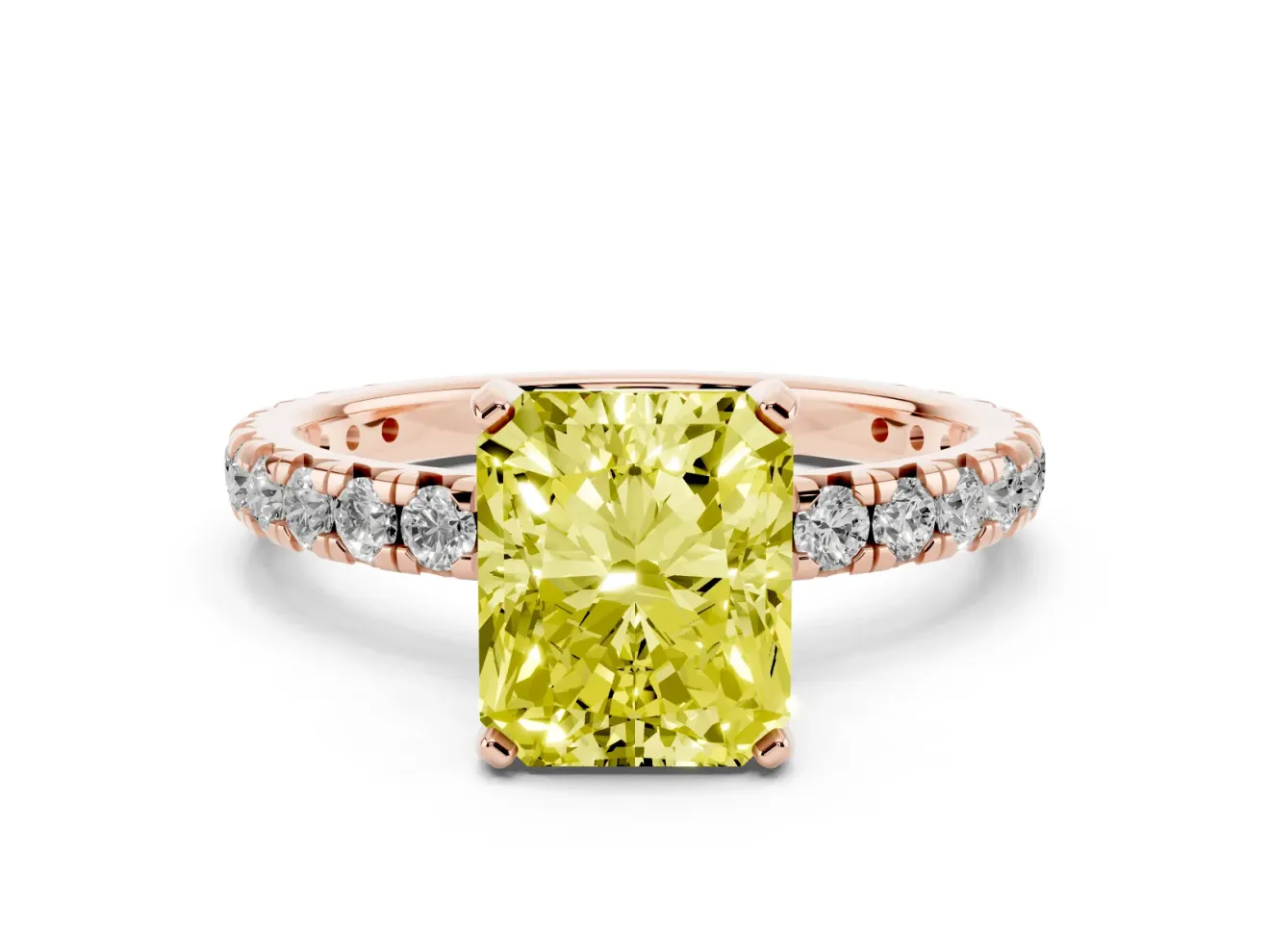 Fancy Yellow Radiant Cut Diamond Pavé Solitaire Ring Set in Rose gold with Round Band and Prong Setting