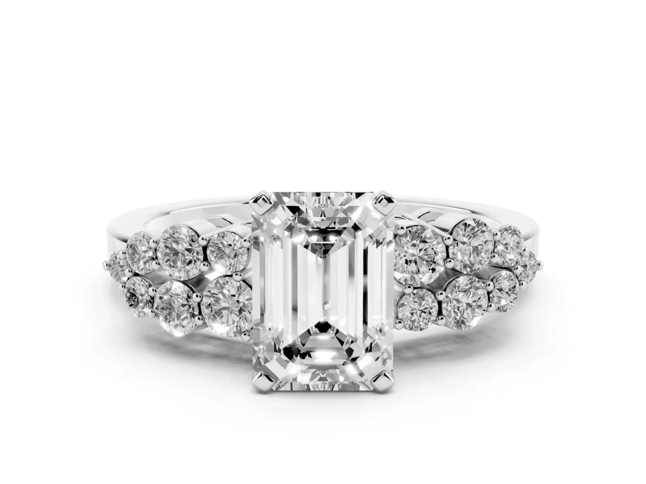 Emerald Cut Diamond Cluster Engagement Ring Set in Silver with Pavé Band and Prong Setting