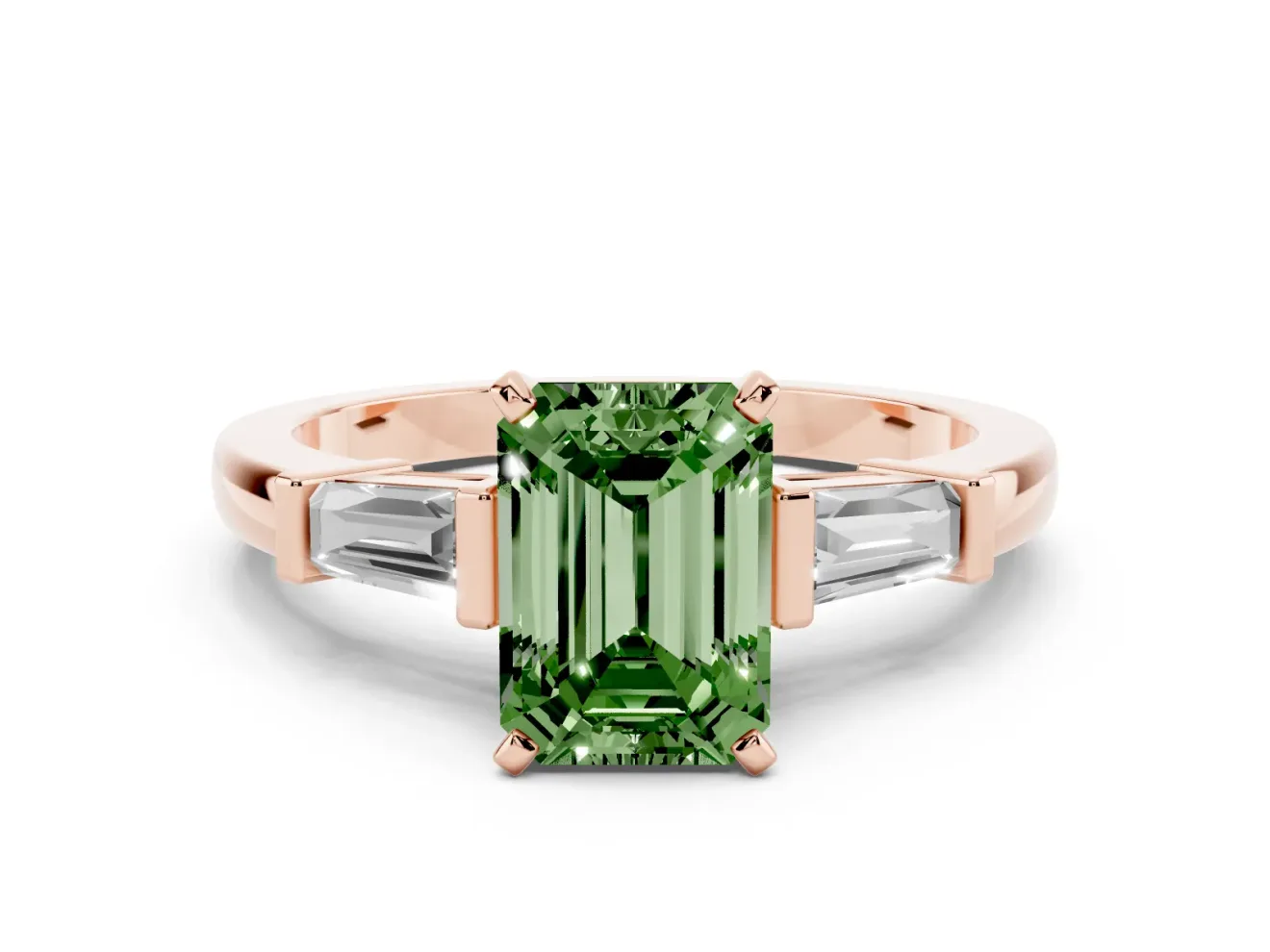 Emerald Cut Three-Stone Engagement Ring Setting for a Fancy Green Lab-Grown Diamond | Tapered Baguettes | Rose Gold