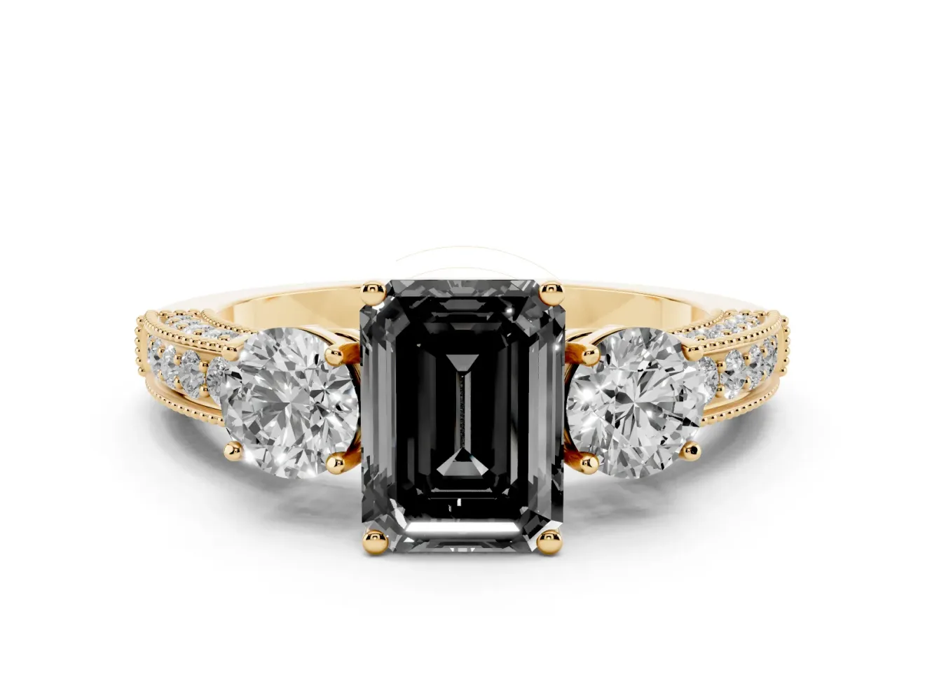 Fancy Black Emerald Cut Diamond Three-Stone Ring Set in Yellow gold with Round Side Stones and Pavé Band