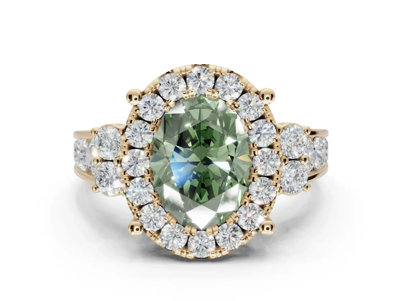 Oval Halo Engagement Ring Setting for a Fancy Green Lab-Grown Diamond | Side Clusters | Yellow Gold