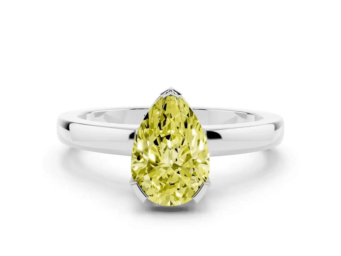 Fancy Yellow Pear Cut Diamond Solitaire Ring Set in Platinum with Prong Head and Smooth Polished Band