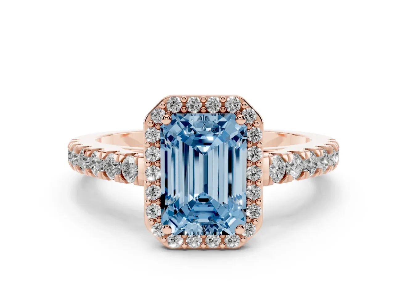 Fancy Blue Emerald Cut Diamond Halo Engagement Ring Set in Rose gold with Pavé Band and Prong Setting