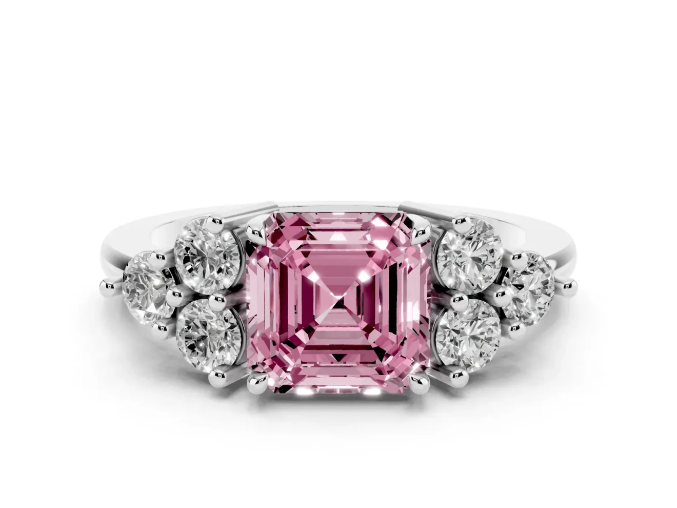 Fancy Pink Asscher Cut Diamond Solitaire Ring Set in Platinum with Cluster Accents on Each Side
