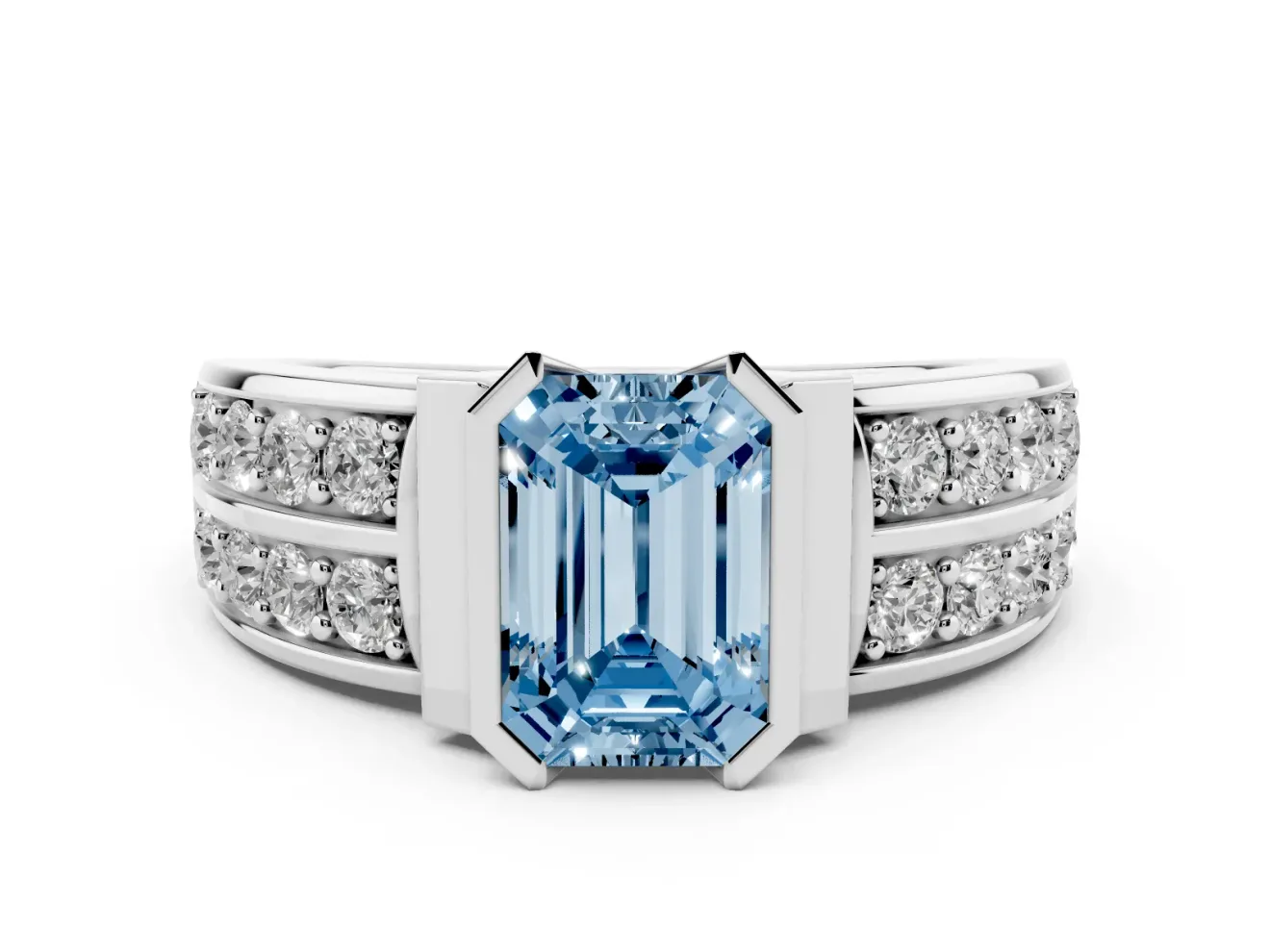 Emerald Cut Half Bezel Engagement Ring Setting for a Fancy Blue Lab-Grown Diamond | Double Row Channel Band | White Gold