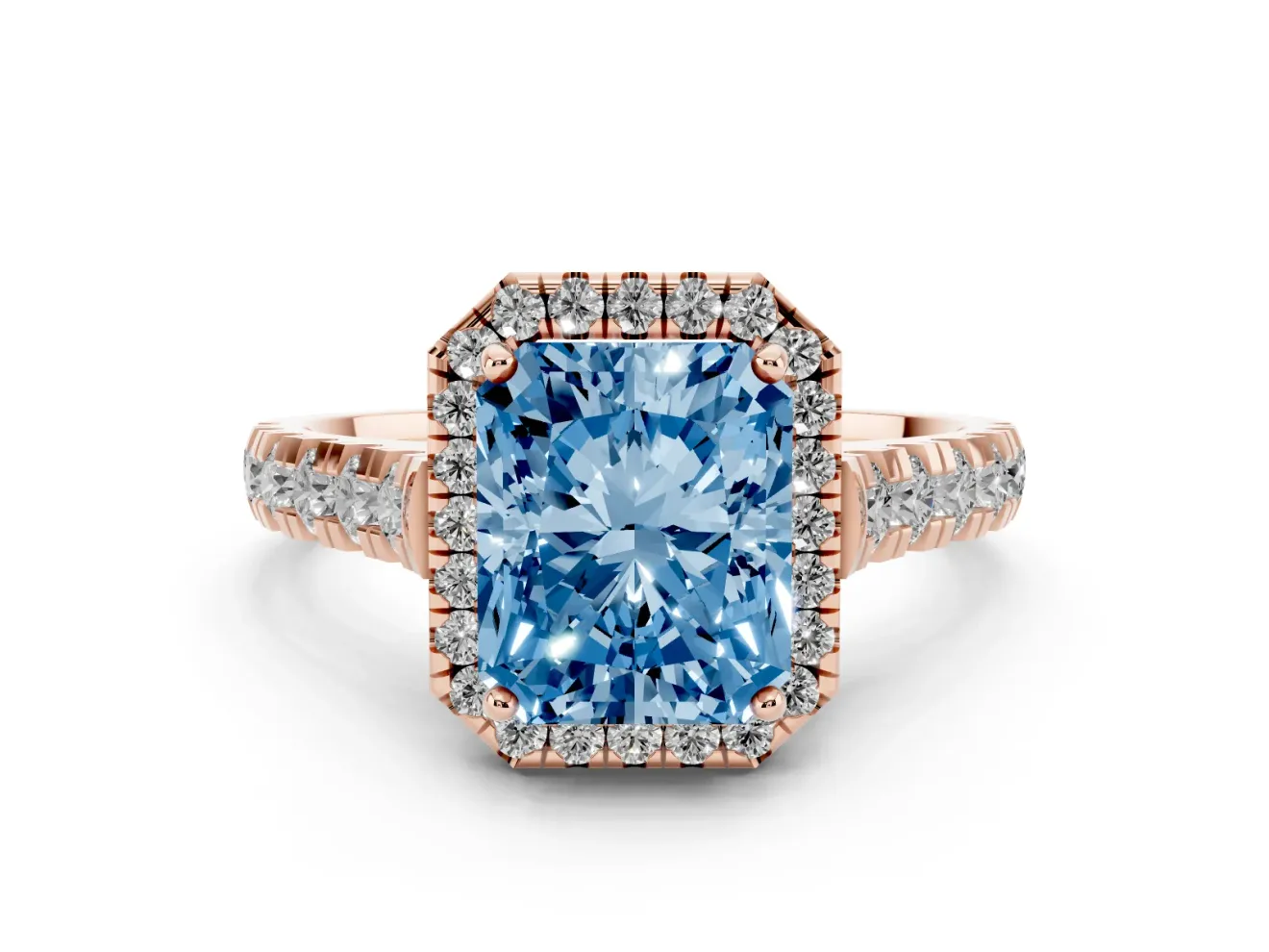 Radiant Cut Accented Halo Engagement Ring Setting for a Fancy Blue Lab-Grown Diamond | Rose Gold