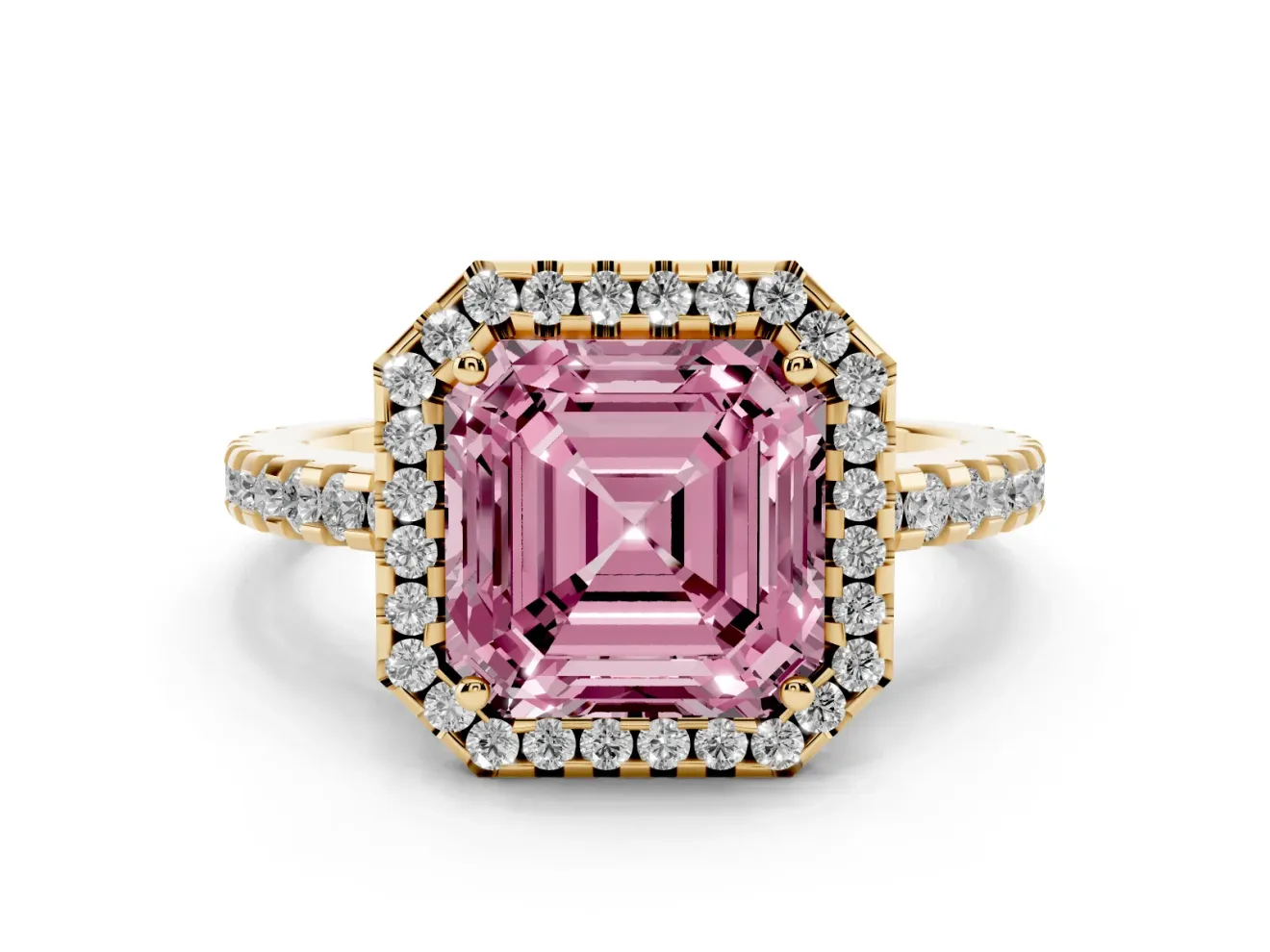 Asscher Cut Pave Halo Engagement Ring Setting for a Fancy Pink Lab-Grown Diamond | Yellow Gold