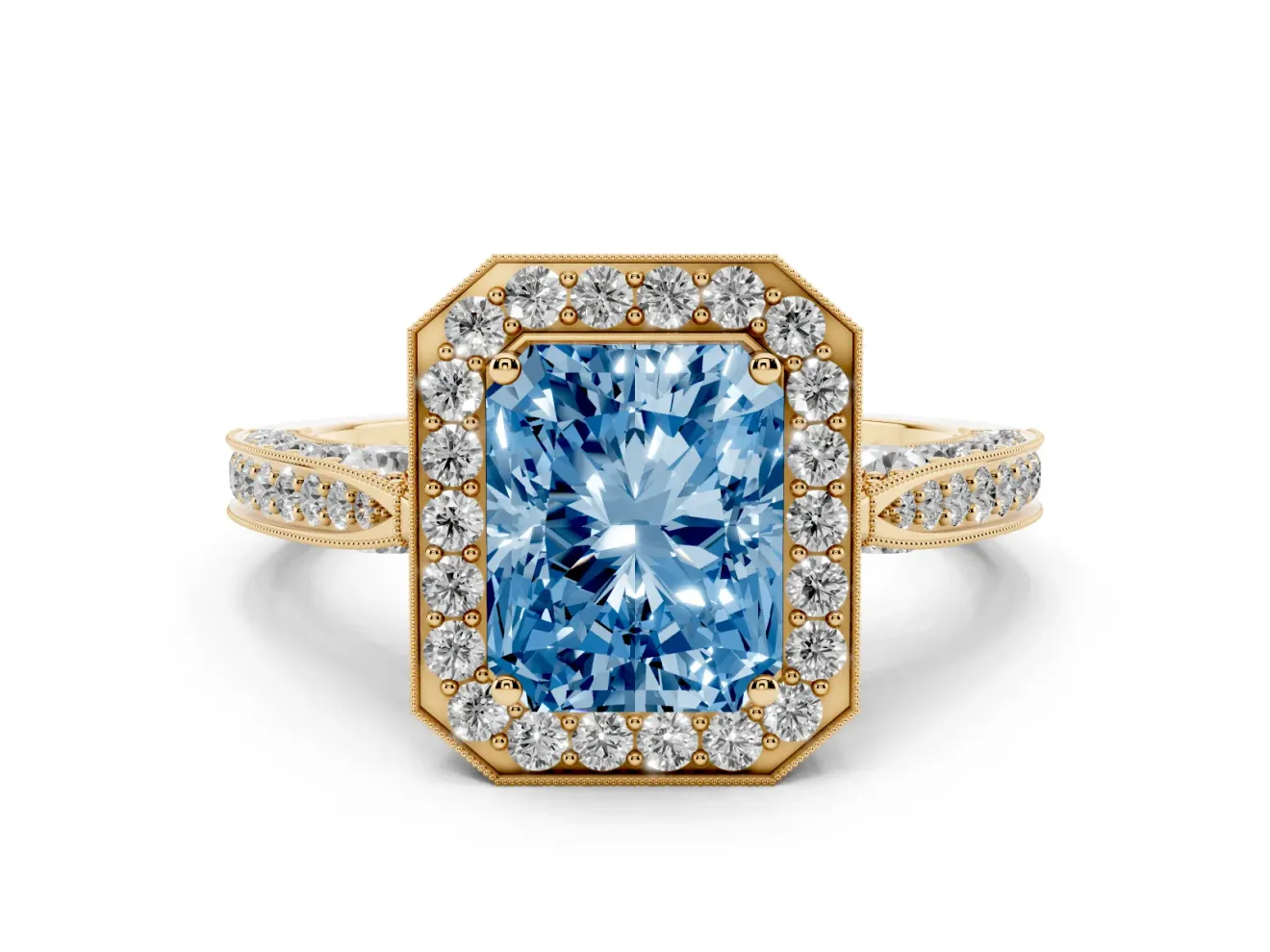 Radiant Cut Milgrain Halo Engagement Ring Setting for a Fancy Blue Lab-Grown Diamond | Side Stones | Yellow Gold