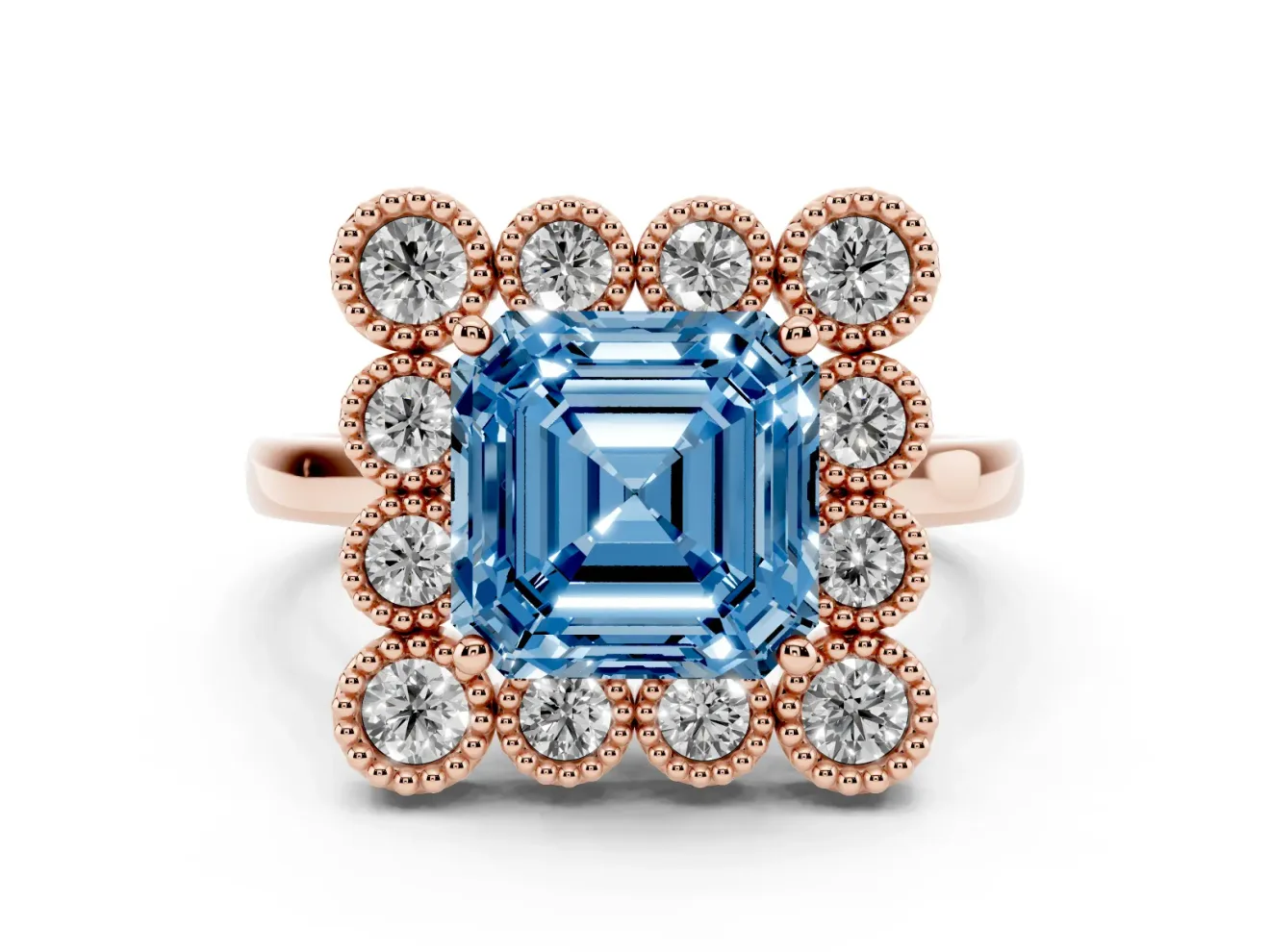 Asscher Cut Milgrain Cluster Halo Engagement Ring Setting for a Fancy Blue Lab-Grown Diamond | Plain Band | Rose Gold