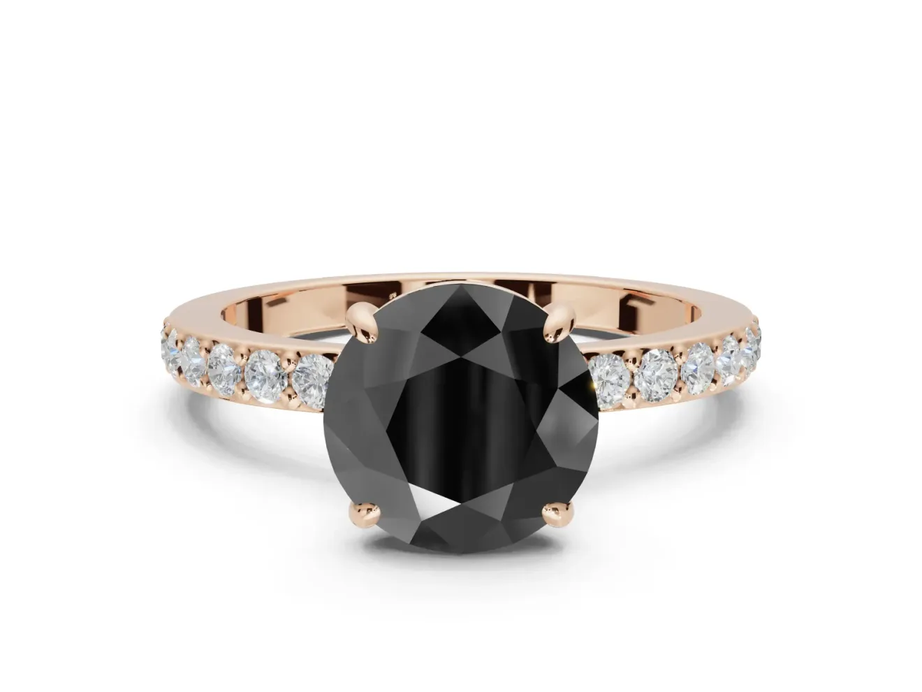 Round Hidden Halo Solitaire Engagement Ring Setting for a Black Center | Pavé Band | Rose Gold